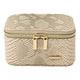 Travel jewelry box with gold snakeskin material and gold zipper and accents on a white background