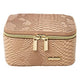 Travel jewelry box with blush snakeskin material and gold zipper and accents on a white background