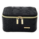 Travel jewelry box with black snakeskin material and gold zipper and accents on a white background