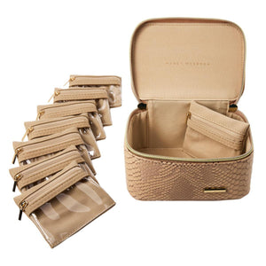 Travel jewelry organizer by Marcy McKenna. Beige snakeskin with eight individual zipper pouches.