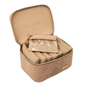 Travel jewelry organizer by Marcy McKenna. Beige snakeskin with eight individual zipper pouches with clear vinyl windows.