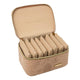 Travel jewelry organizer by Marcy McKenna with beige snakeskin. Shown with eight individual zipper pouches neatly filed inside.